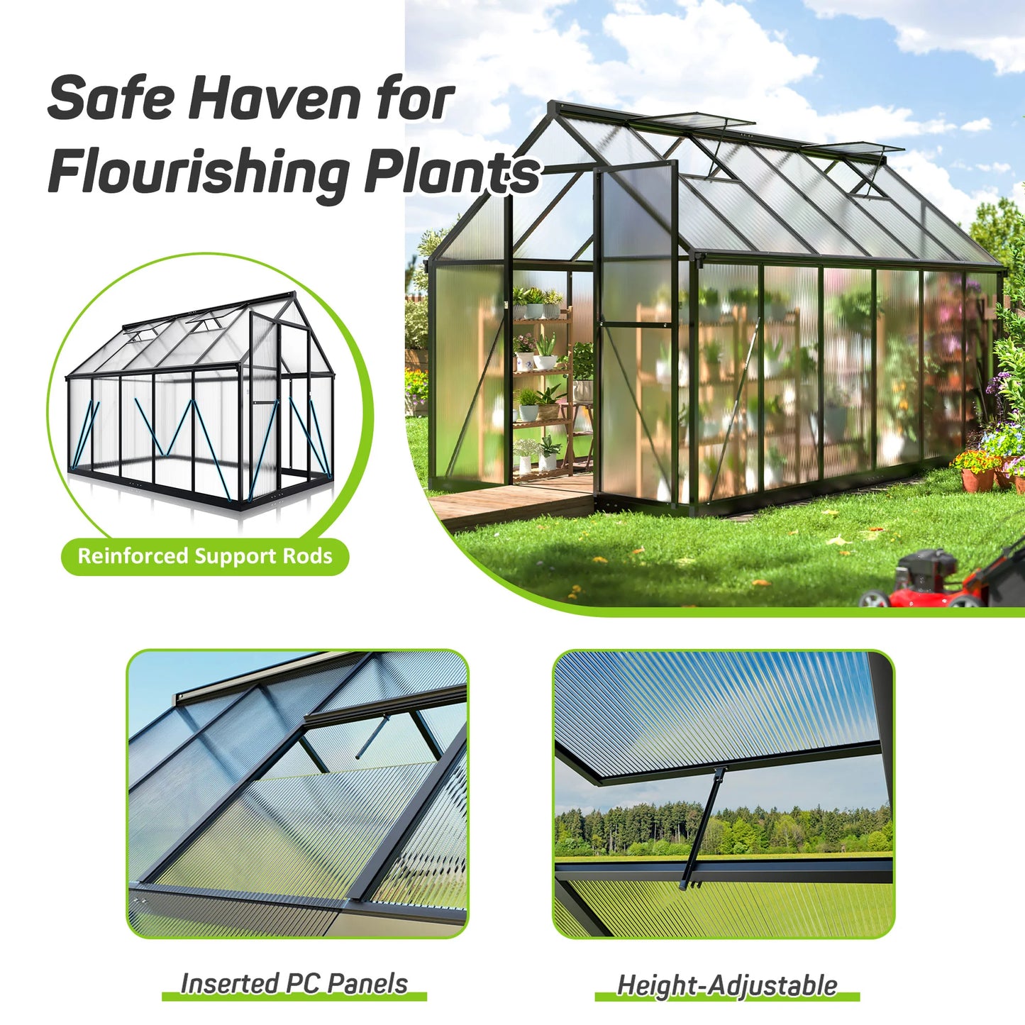 6'X11' Polycarbonate Greenhouse, Large Aluminum Walk-In Green House for Backyard