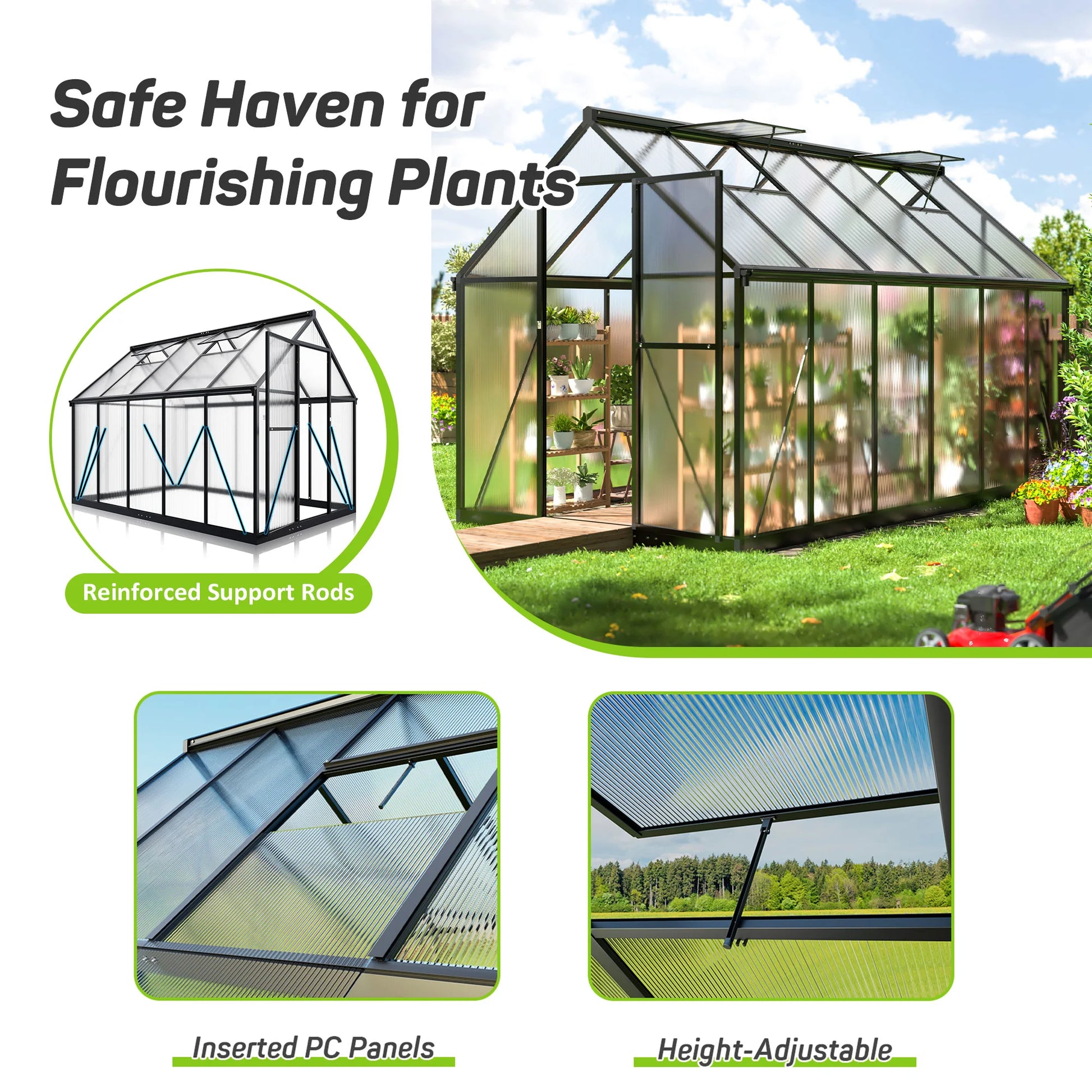 6'X11' Polycarbonate Greenhouse, Large Aluminum Walk-In Green House for Backyard