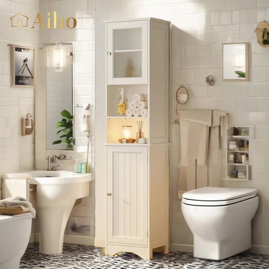 67.1 " Bathroom Storage Cabinet with Adjustable Shelves, Kitchen Pantry with Two-Way Doors for Bathroom and Kitchen, Freestanding - White