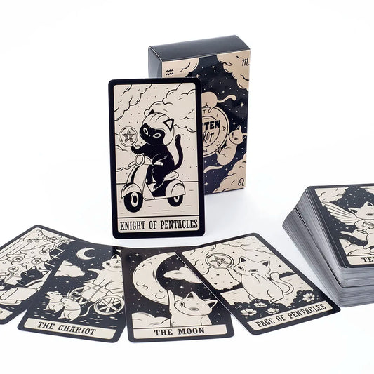 Kitten Tarot Deck 78Pcs Cute Black and White for Beginners Version Mysterious Board Game Fun Fortune Telling Kit