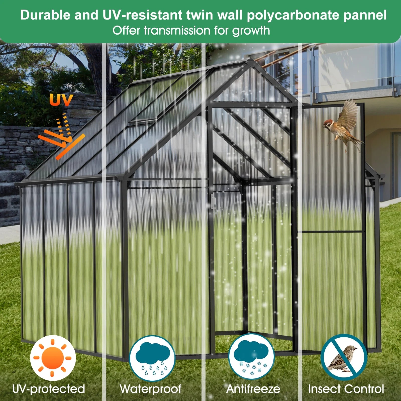 6'X8' Greenhouse for Outdoors,Upgraded Polycarbonate Greenhouse Aluminum Walk in Greenhouses W/Vent Window, Lockable Door & Reinforce Connector Heavy Duty Green House for Outdoor, Patio,