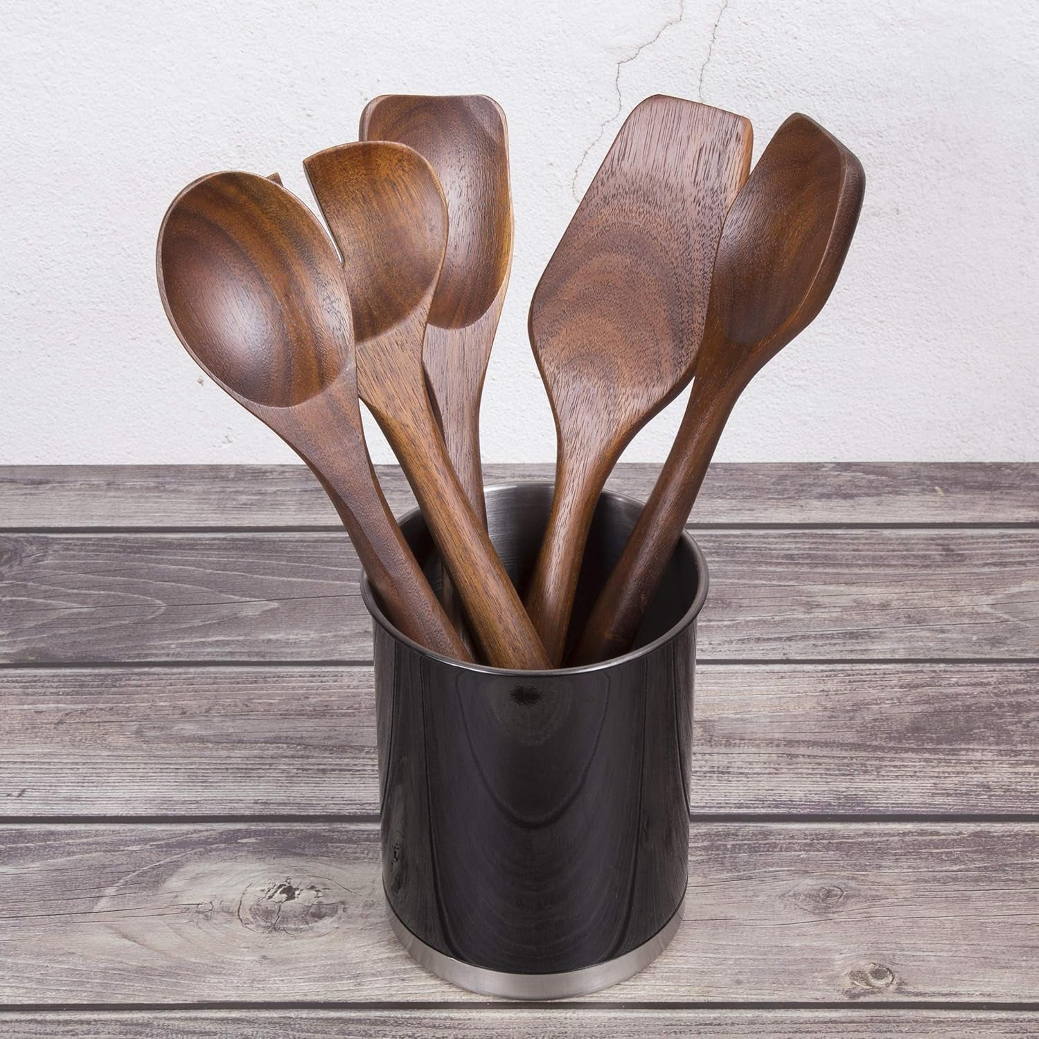 Stainless Steel Utensil Holder– 6.3" Large Cooking Tool Organizer for Kitchen Decor and Countertop Storage, Stable Anti-Tip Design, Durable Powder-Coated Finish, Black