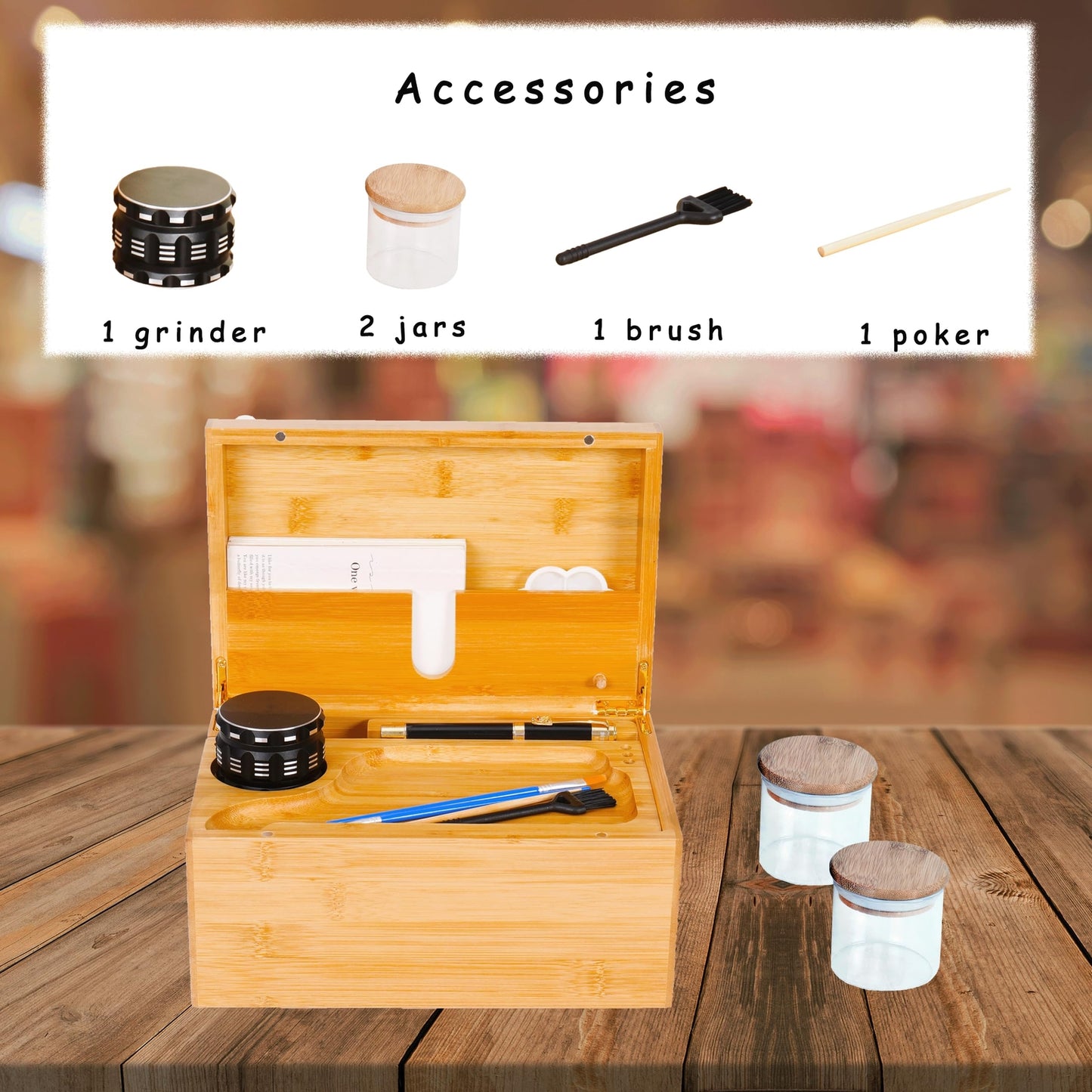 Large Wooden Box Bamboo Storage with Rolling Tray Container Airtight Jars