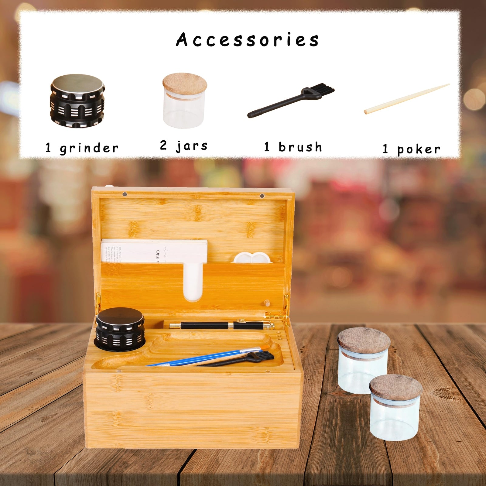 Large Wooden Box Bamboo Storage with Rolling Tray Container Airtight Jars