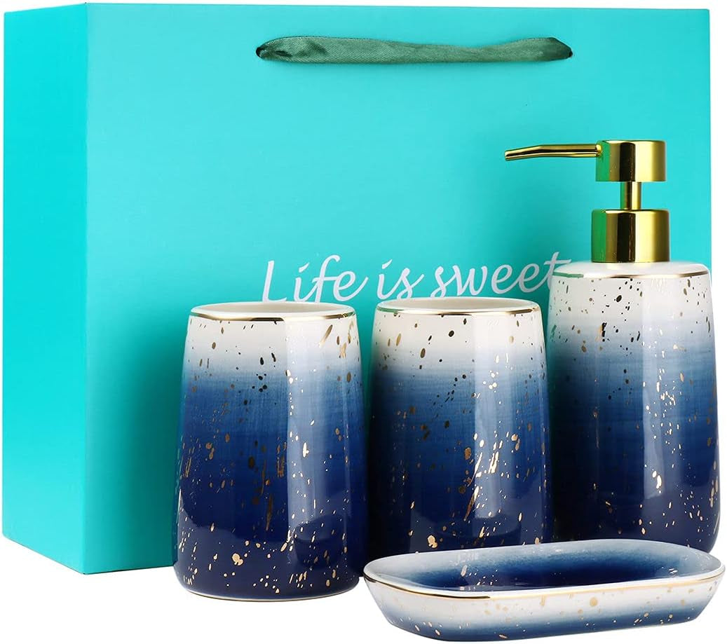 Bathroom Accessories Set,4 Pcs Marble Pattern Bathroom Sets Accessories with Soap Dispenser, Toothbrush Holder, Bathroom Tumbler, Soap Dish for Birthday Gift, Housewarming Gift, Home Decoration (H)