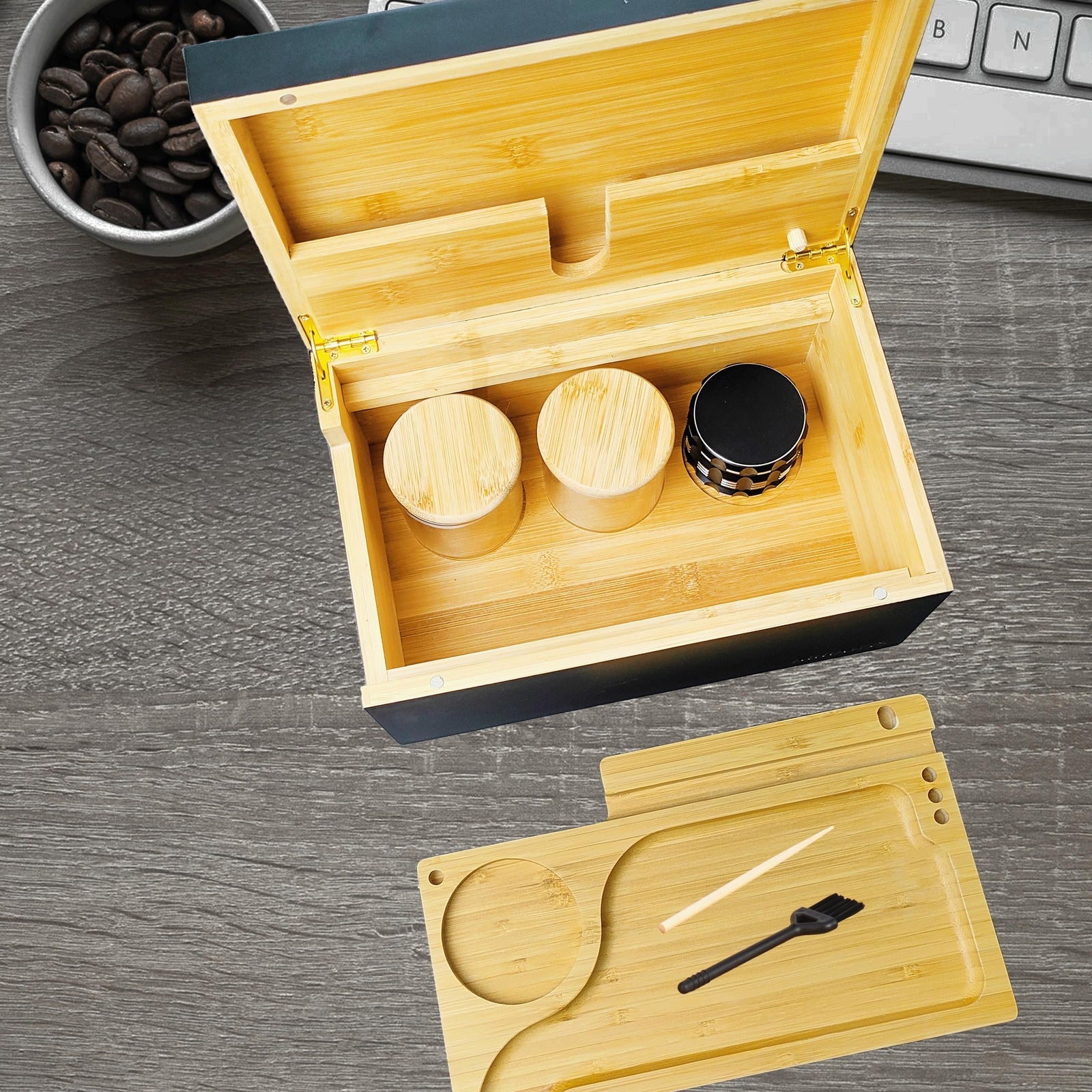 Large Wooden Box Bamboo Storage with Rolling Tray Container Airtight Jars