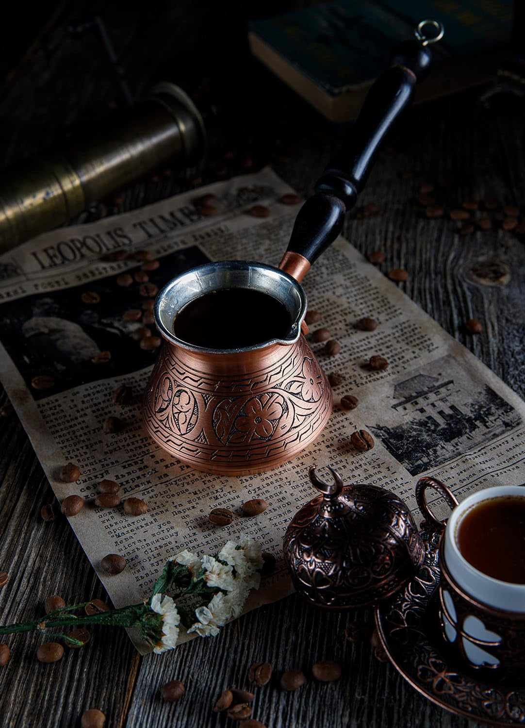 2Mm Thickest Copper Turkish Greek Arabic Coffee Pot Engraved Stovetop Coffee Maker Cezve Ibrik Briki with Wooden Handle & Spoon, for 3 People (Matte Copper)