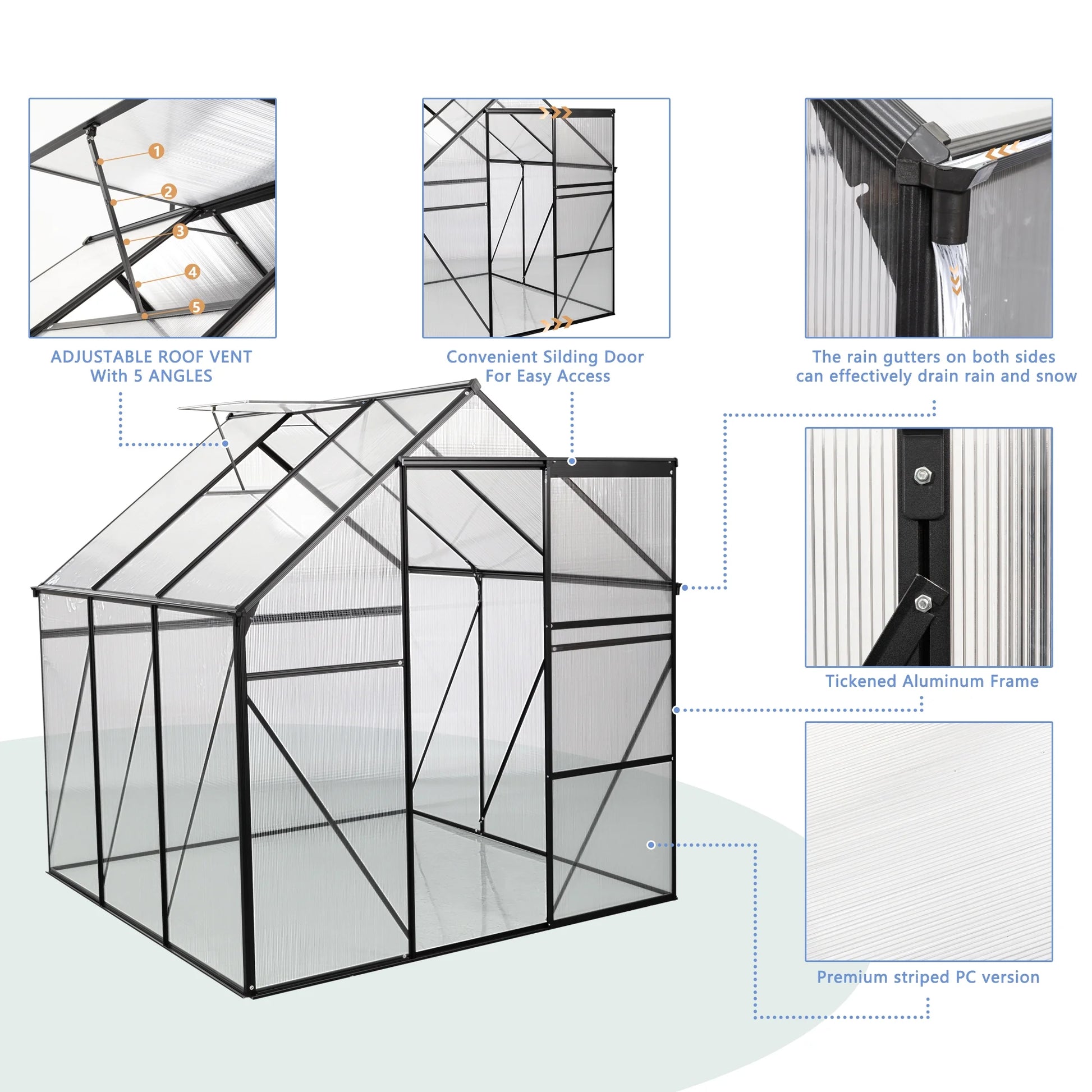 Walk in Greenhouse, Garden Greenhouse for Outdoors, Polycarbonate Plant Greenhouse with Slide Door, Anchor and Adjustable Roof Vent, 6X6Ft