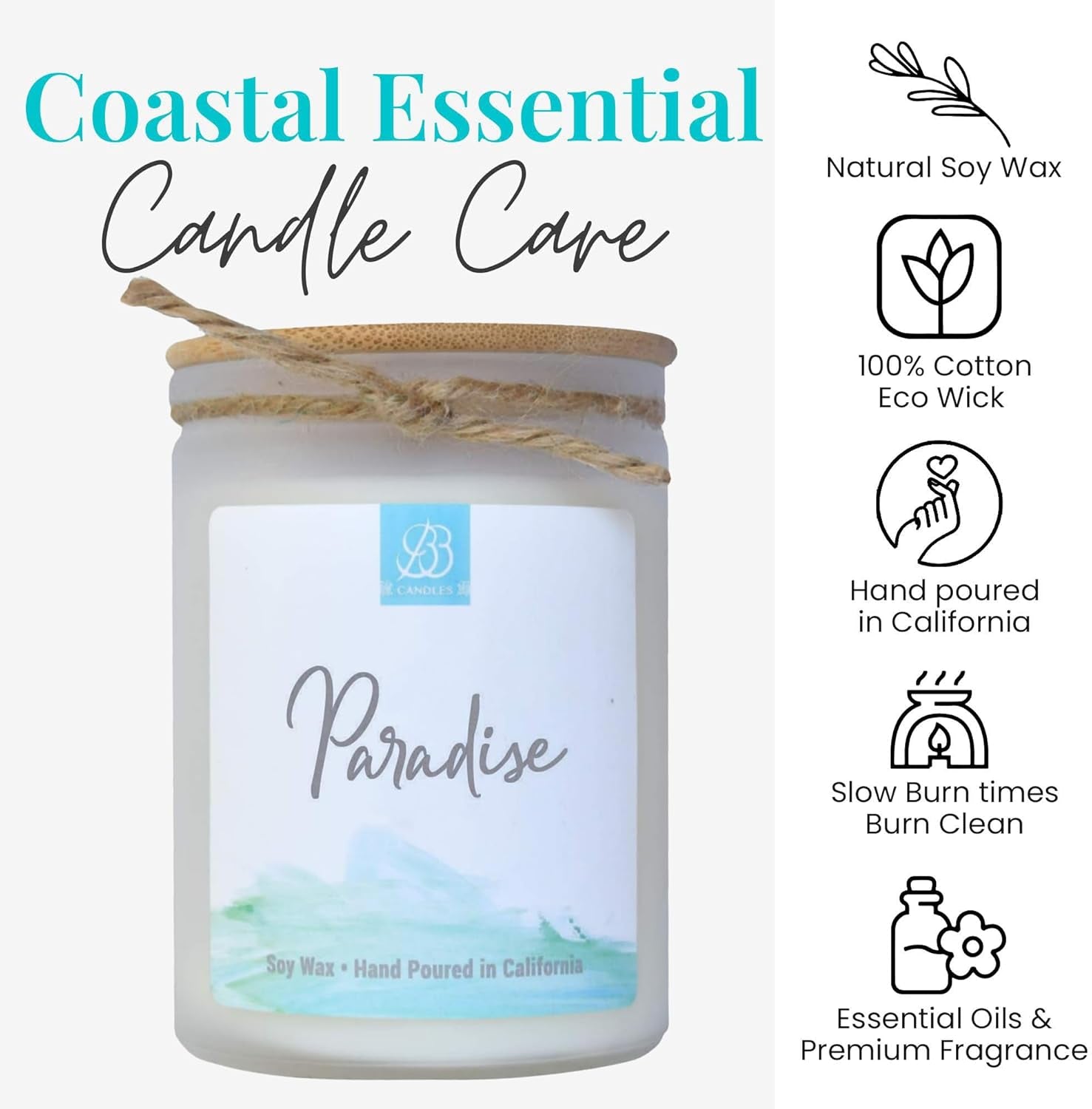 Coastal Essentials Natural Soy Hand Poured Artisan Candle, Paradise Scent, 12Oz, 90+ Hours Burn Time