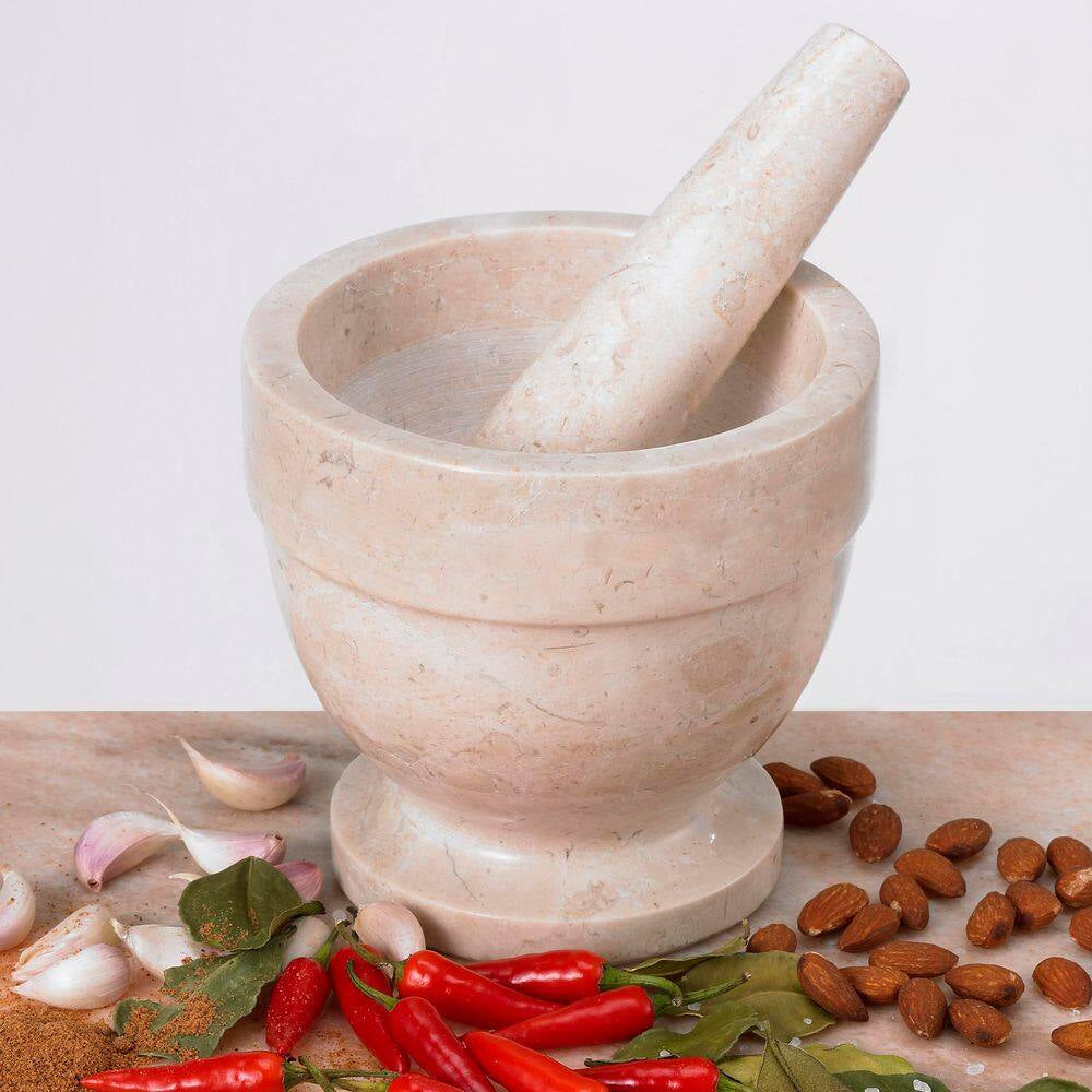 5.9 In. Dia X 5.9 In. H Natural Champagne Marble Mortar and Pestle Set with Spice Grinder