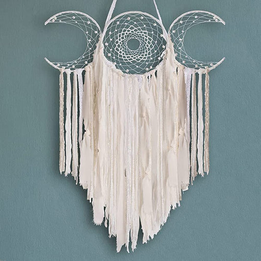 White Triple Moon Goddess Macrame Wall Hanging, Boho Crescent Dream Catcher, Bohemian Dreamcatcher for Women Bedroom, Woven Tapestry-Witchcraft Gift, Pagan Decor for Adults Decoration