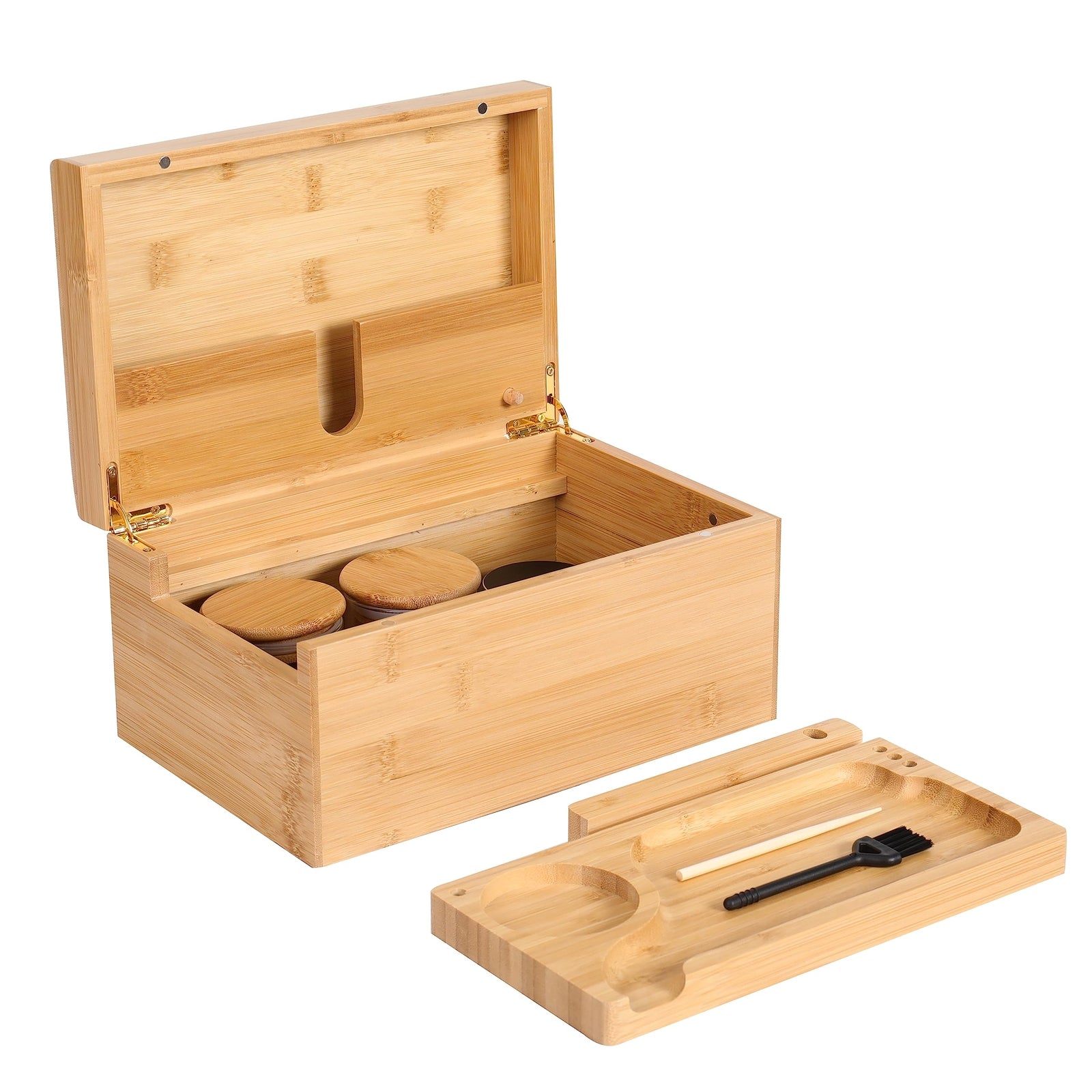 Large Wooden Box Bamboo Storage with Rolling Tray Container Airtight Jars