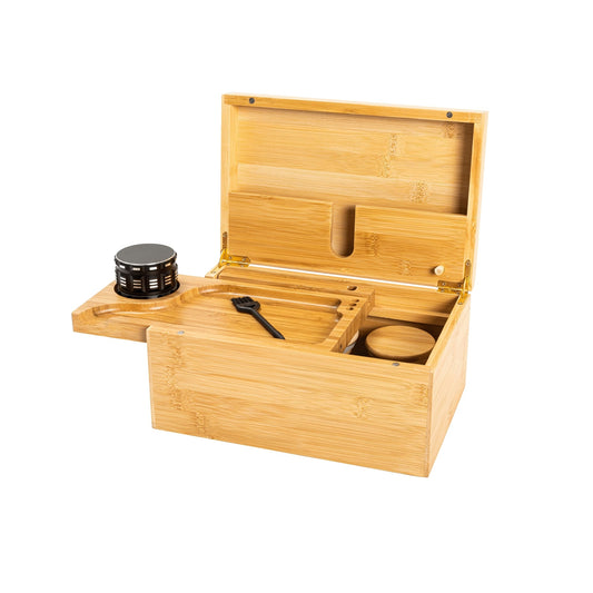 Large Wooden Box Bamboo Storage with Rolling Tray Container Airtight Jars