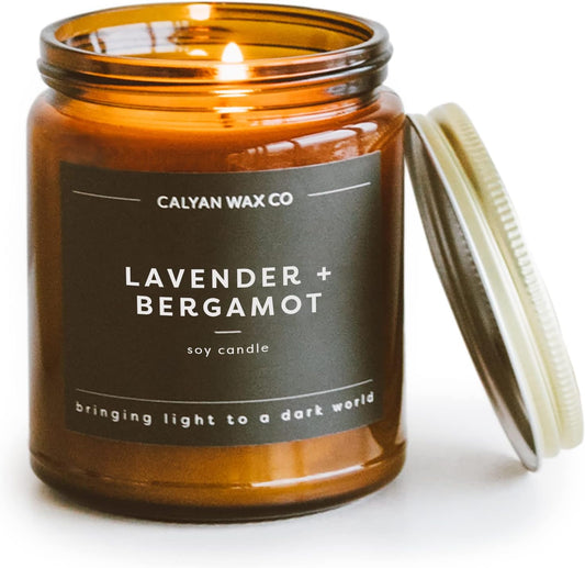 Soy Wax Candle, Lavender + Bergamot Scented Candle, 57 Hour Burn Time, Aromatherapy Soy Candles, Non Toxic & Vegan Soy Wax, Amber Glass Jar Scented Candles, 7.2Oz