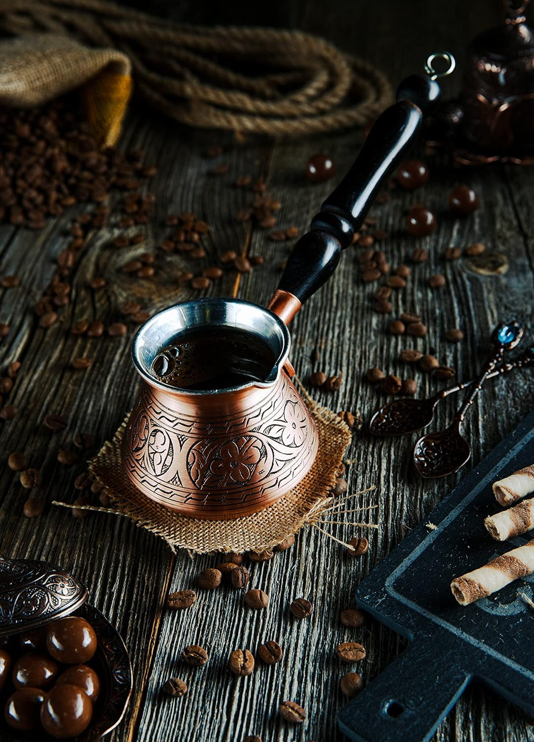 2Mm Thickest Copper Turkish Greek Arabic Coffee Pot Engraved Stovetop Coffee Maker Cezve Ibrik Briki with Wooden Handle & Spoon, for 3 People (Matte Copper)