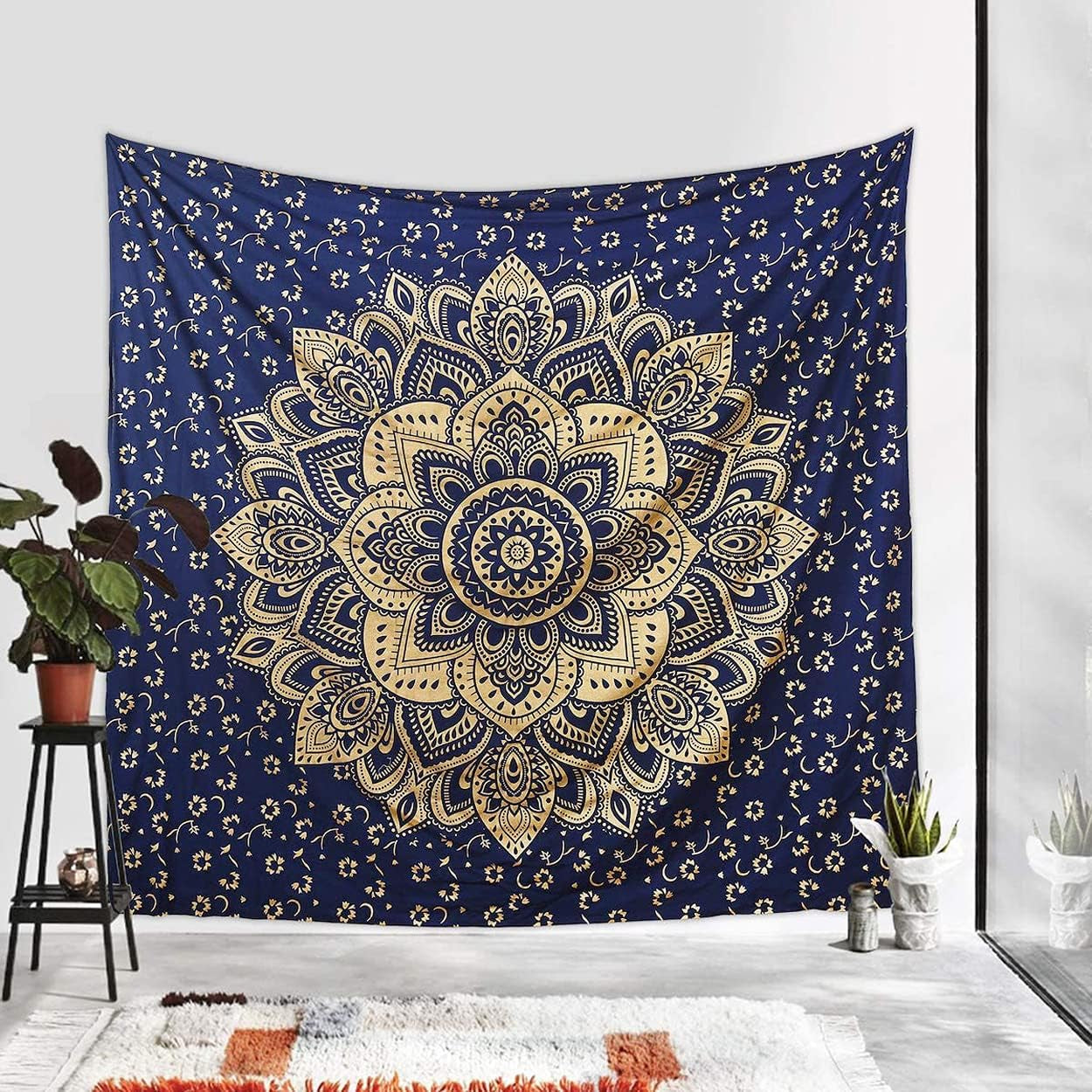 Rajsee Blue Gold Mandala Tapestry - Bedroom Aesthetic - Indie Boho Trippy Large Wall Hanging - 82X92 Inches