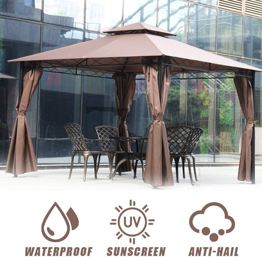 10'X13' Outdoor Patio Gazebo Heavy Duty Steel Frame Canopy with Double Roof, Privacy Curtains, for Garden, Backyard, and Lawn (Brown)