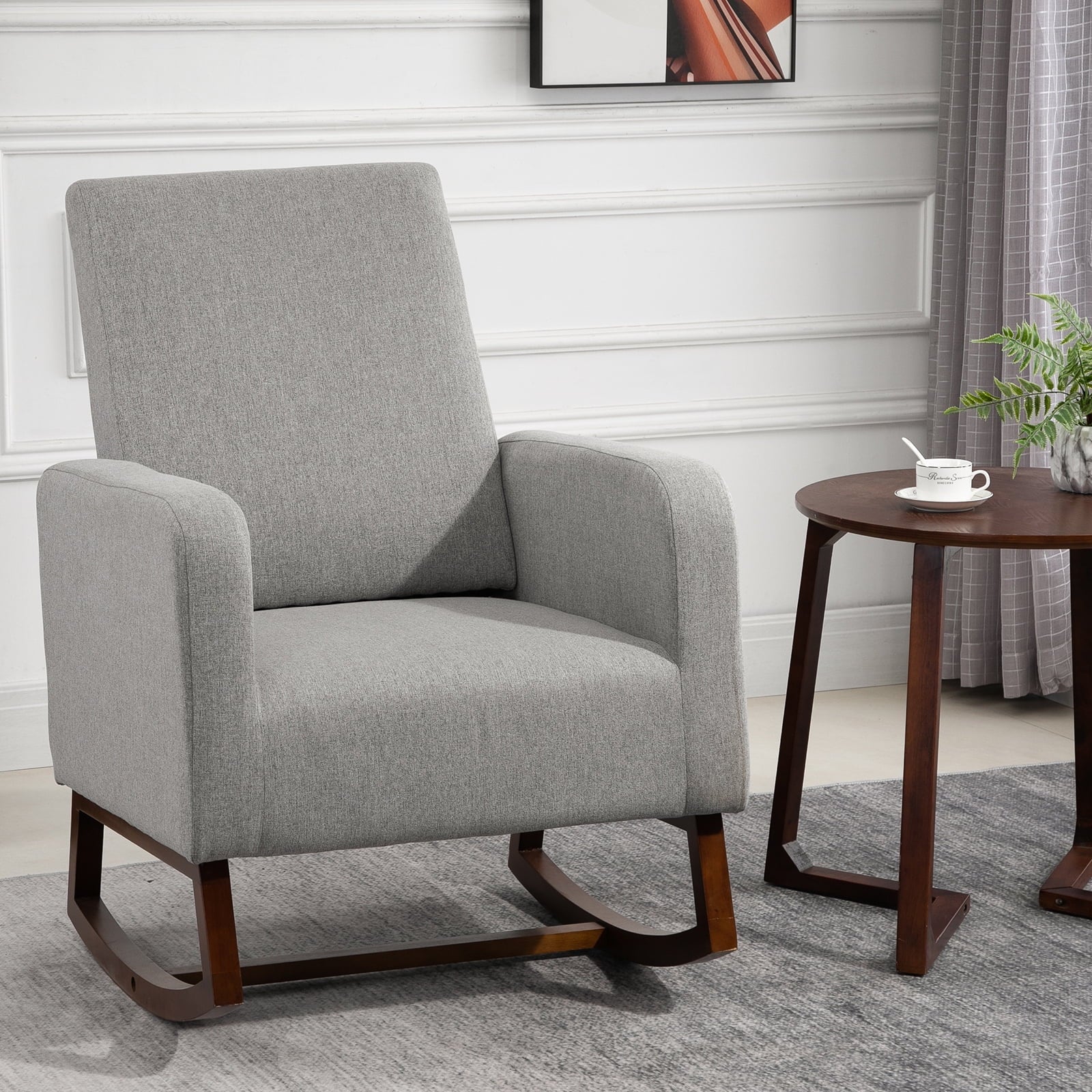 Accent Lounge Rocking Chair with Solid Curved Wood Base, Grey