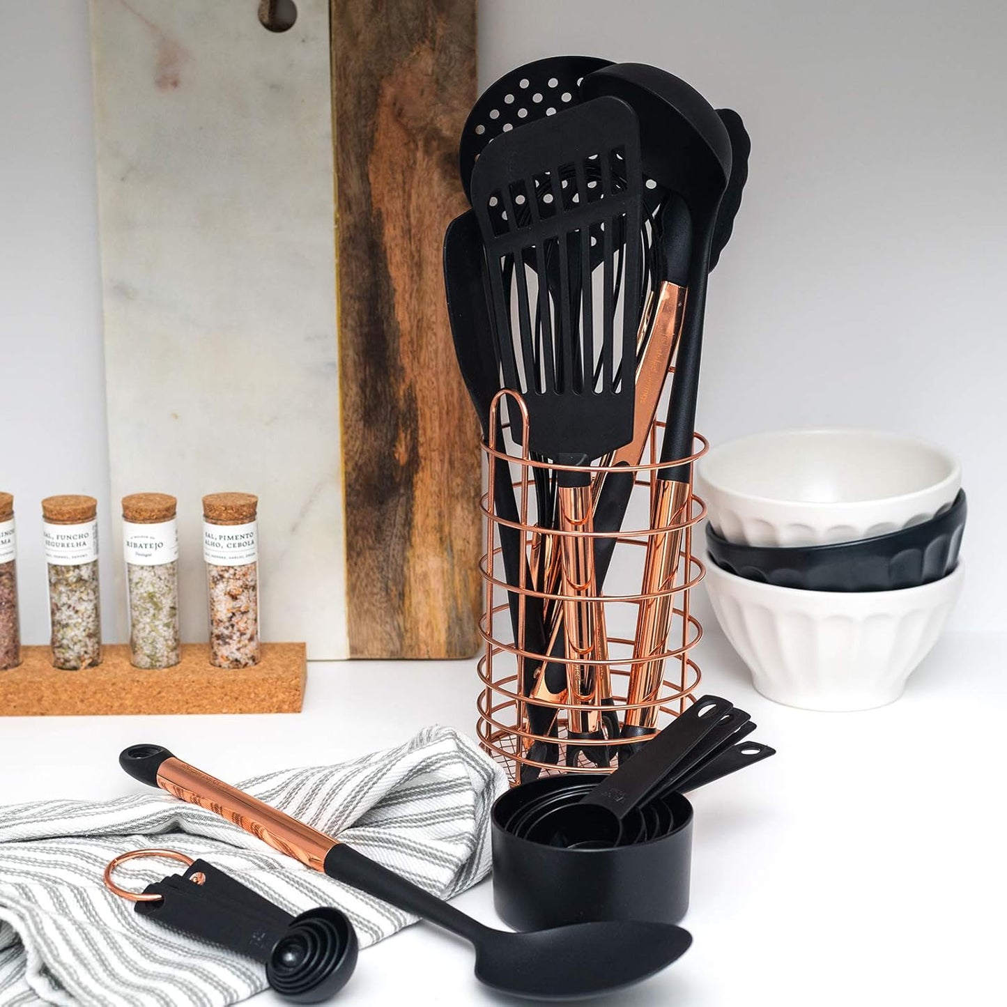 Black and Copper Cooking Utensils with Stainless Steel Copper Utensil Holder - 18-Piece Nylon Kitchen Utensils Set with Holder Includes Black & Copper Measuring Spoons, Black & Copper Measuring Cups