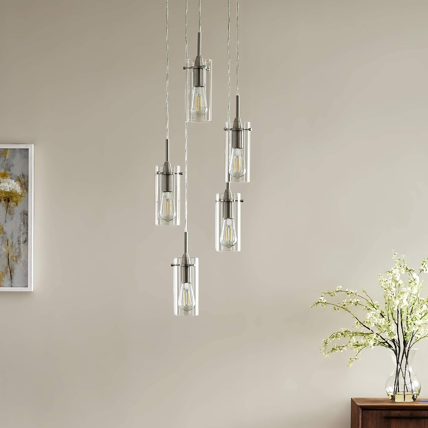 Effimero 5-Light Cluster Pendant Lights Stairwell Lighting Large Chandelier Brushed Nickel Modern Chandelier Light Fixture Foyer Chandeliers Entryway High Ceiling Staircase Lights