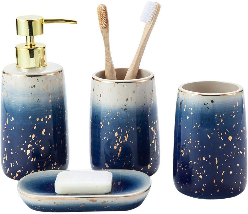 Bathroom Accessories Set,4 Pcs Marble Pattern Bathroom Sets Accessories with Soap Dispenser, Toothbrush Holder, Bathroom Tumbler, Soap Dish for Birthday Gift, Housewarming Gift, Home Decoration (H)