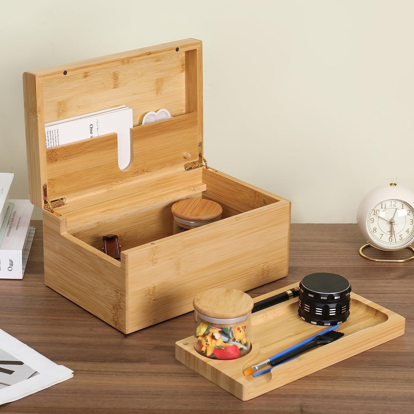 Large Wooden Box Bamboo Storage with Rolling Tray Container Airtight Jars