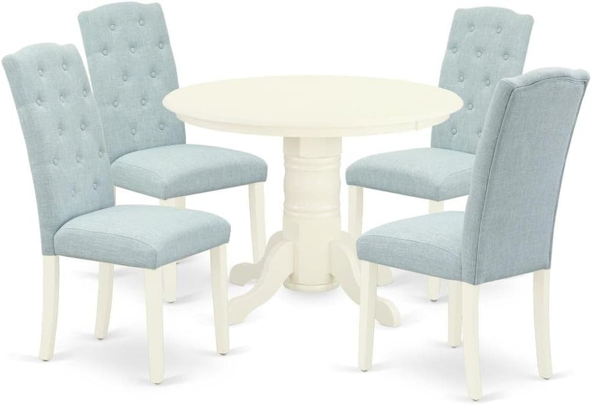 SHCE5-WHI-15 5 Piece Dining Room Furniture Set Includes a round Kitchen Table with Pedestal and 4 Baby Blue Linen Fabric Upholstered Chairs, 42X42 Inch, Linen White