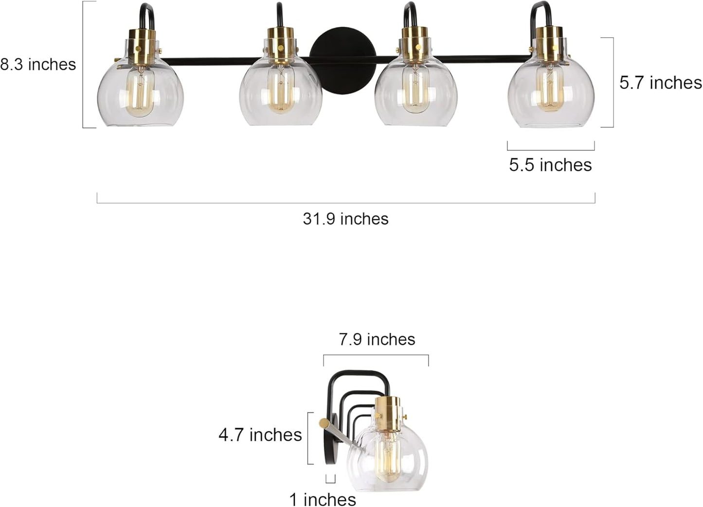 Bathroom Light Fixtures, 4-Light Black Gold Vanity Light, Vintage Farmhouse Bathroom Lights over Mirror (L 32" X W 8" X H 8") Black Vanity Light