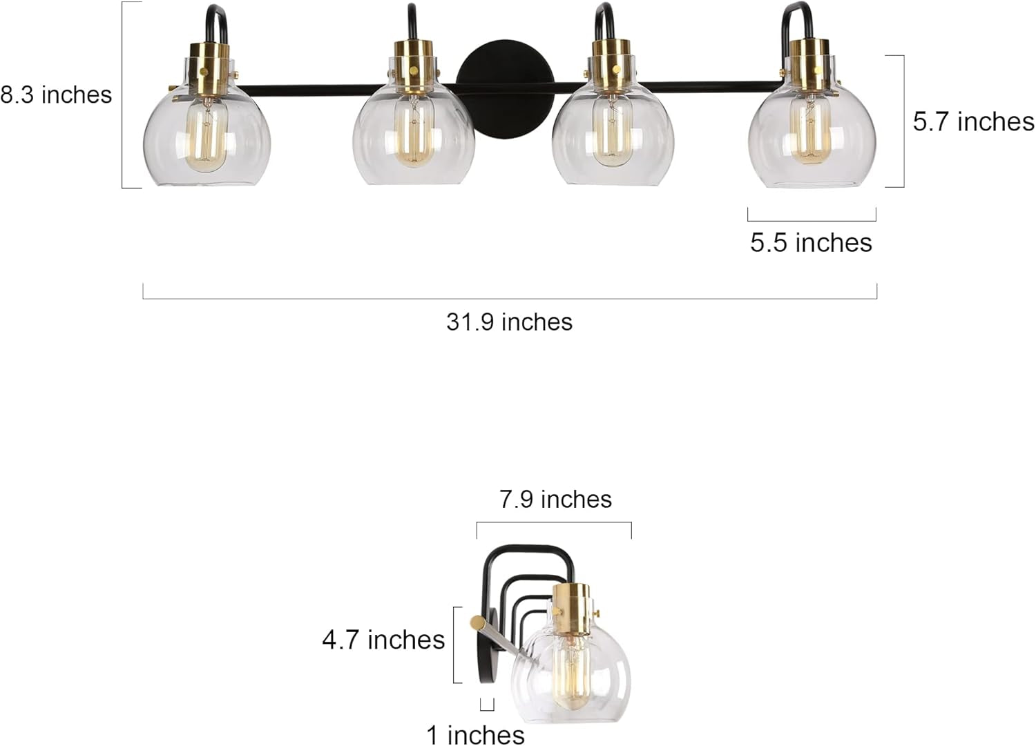Bathroom Light Fixtures, 4-Light Black Gold Vanity Light, Vintage Farmhouse Bathroom Lights over Mirror (L 32" X W 8" X H 8") Black Vanity Light
