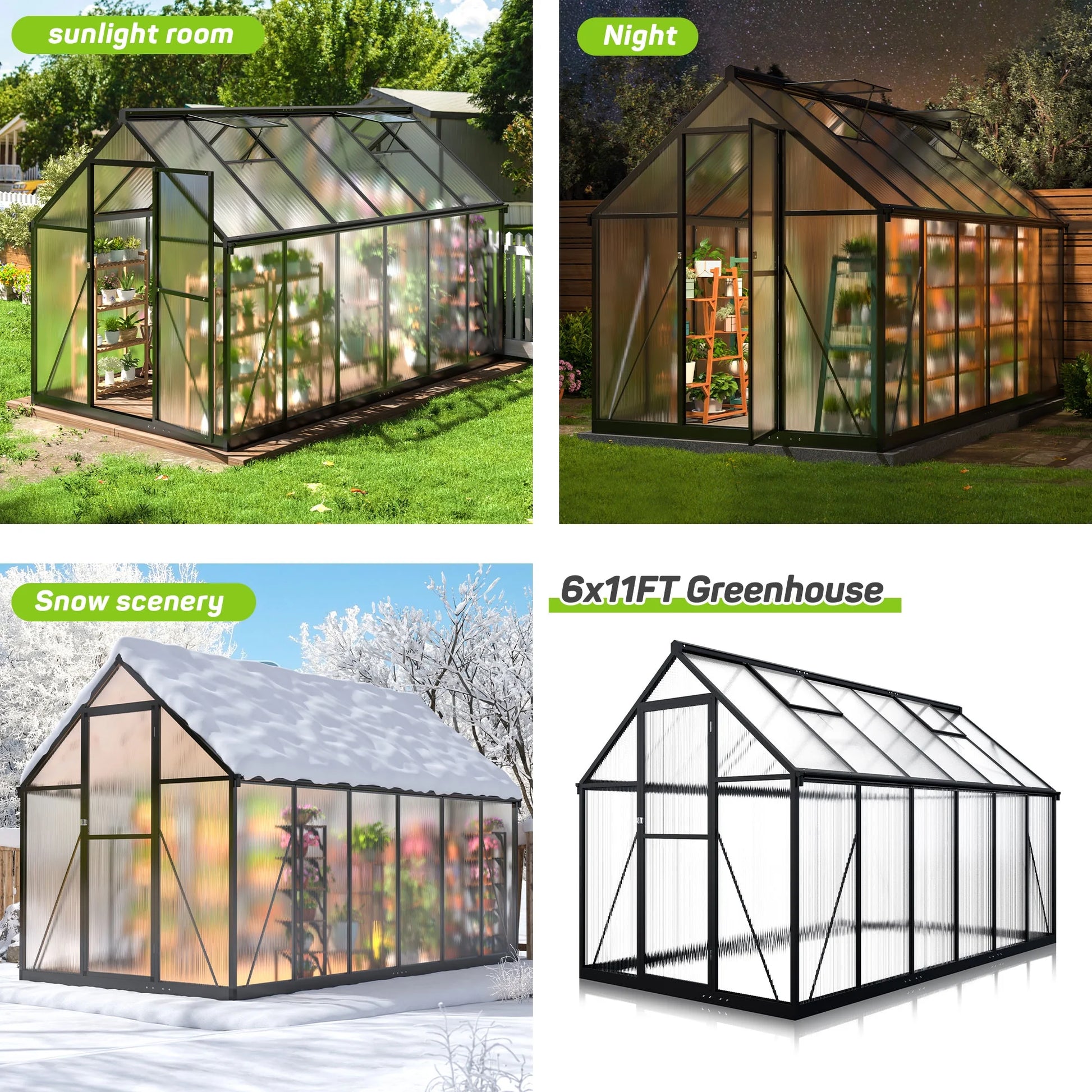 6'X11' Polycarbonate Greenhouse, Large Aluminum Walk-In Green House for Backyard