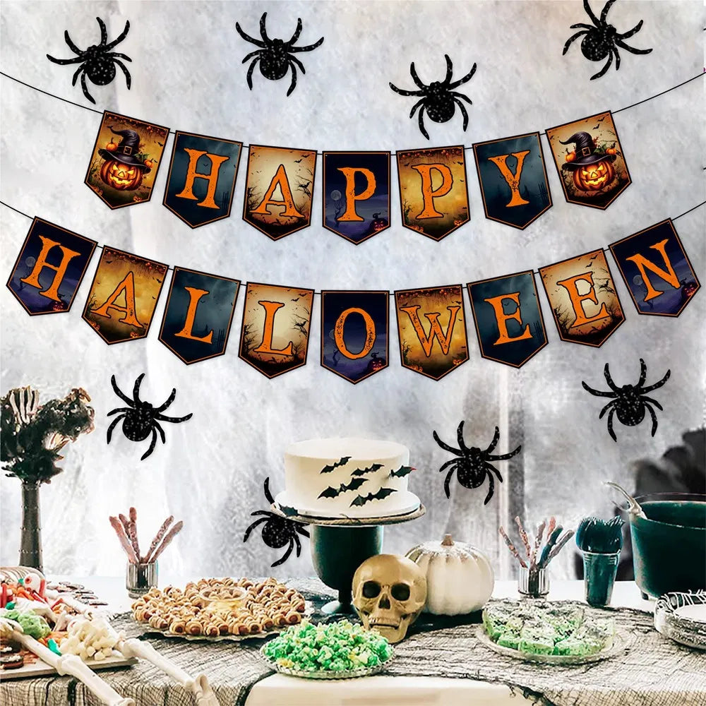 Happy Halloween Banner and Hanging Spider Garland Trick or Treat Banner Sign Happy Halloween Paper Banner for Halloween Party Decorations