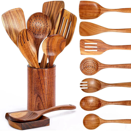Wooden Spoons for Cooking with Wide Utensil Heads, 9 PCS Teak Wooden Utensils Set for Cooking, Spatula,Turner, Wood Spoon Set for Kitchen Essentials, Non-Stick Cookware, Heat Resistant