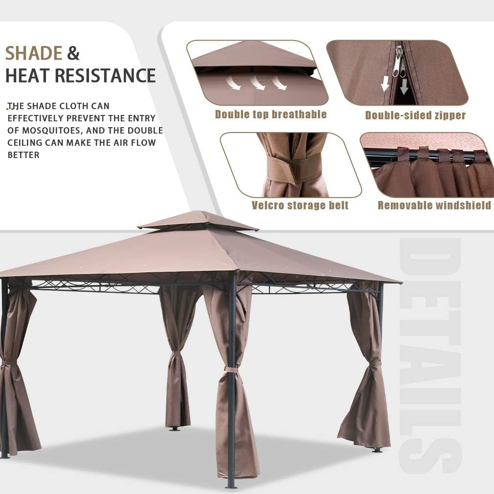 10'X13' Outdoor Patio Gazebo Heavy Duty Steel Frame Canopy with Double Roof, Privacy Curtains, for Garden, Backyard, and Lawn (Brown)
