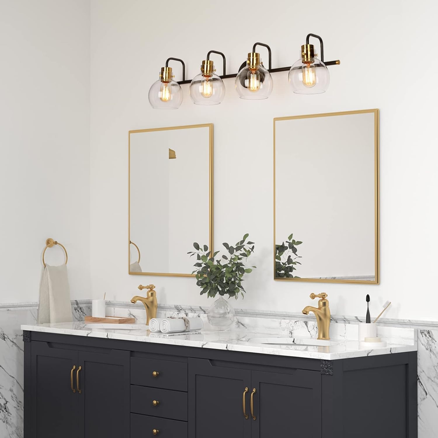 Bathroom Light Fixtures, 4-Light Black Gold Vanity Light, Vintage Farmhouse Bathroom Lights over Mirror (L 32" X W 8" X H 8") Black Vanity Light