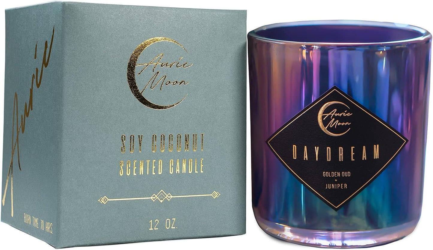 | Golden Oud + Juniper Scented Luxury Soy Coconut Candle for Women | Slow 70+ Hour Burn | Wood Crackling Wicks | 12 Oz Premium Glass | Hand-Poured in California