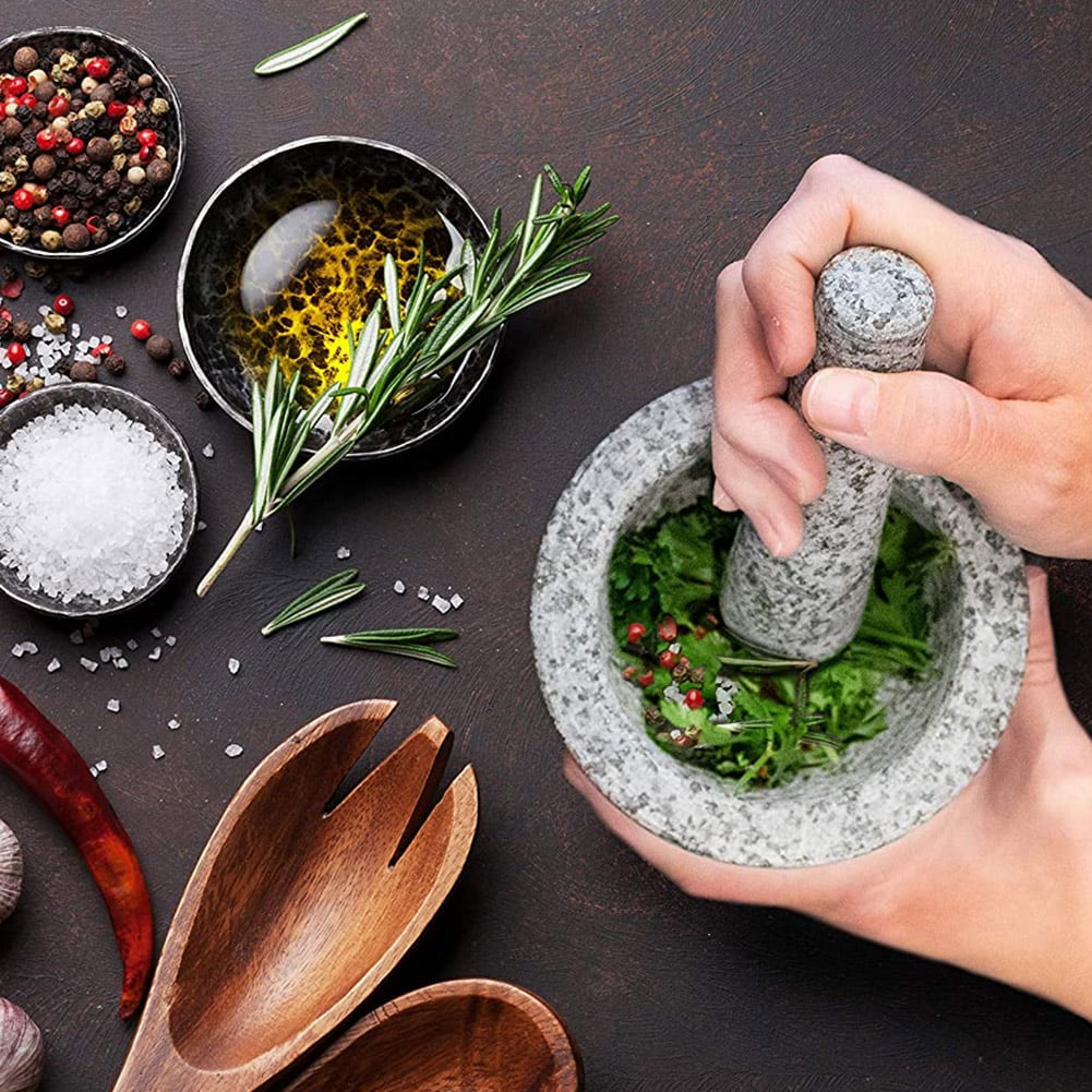 Pestle and Mortar,Natural Wooden Granite, 6.7 Inch Stone Cup & Crusher Set,Hand Grinder for Herbs, Spices, Pesto, & Guacamole,By