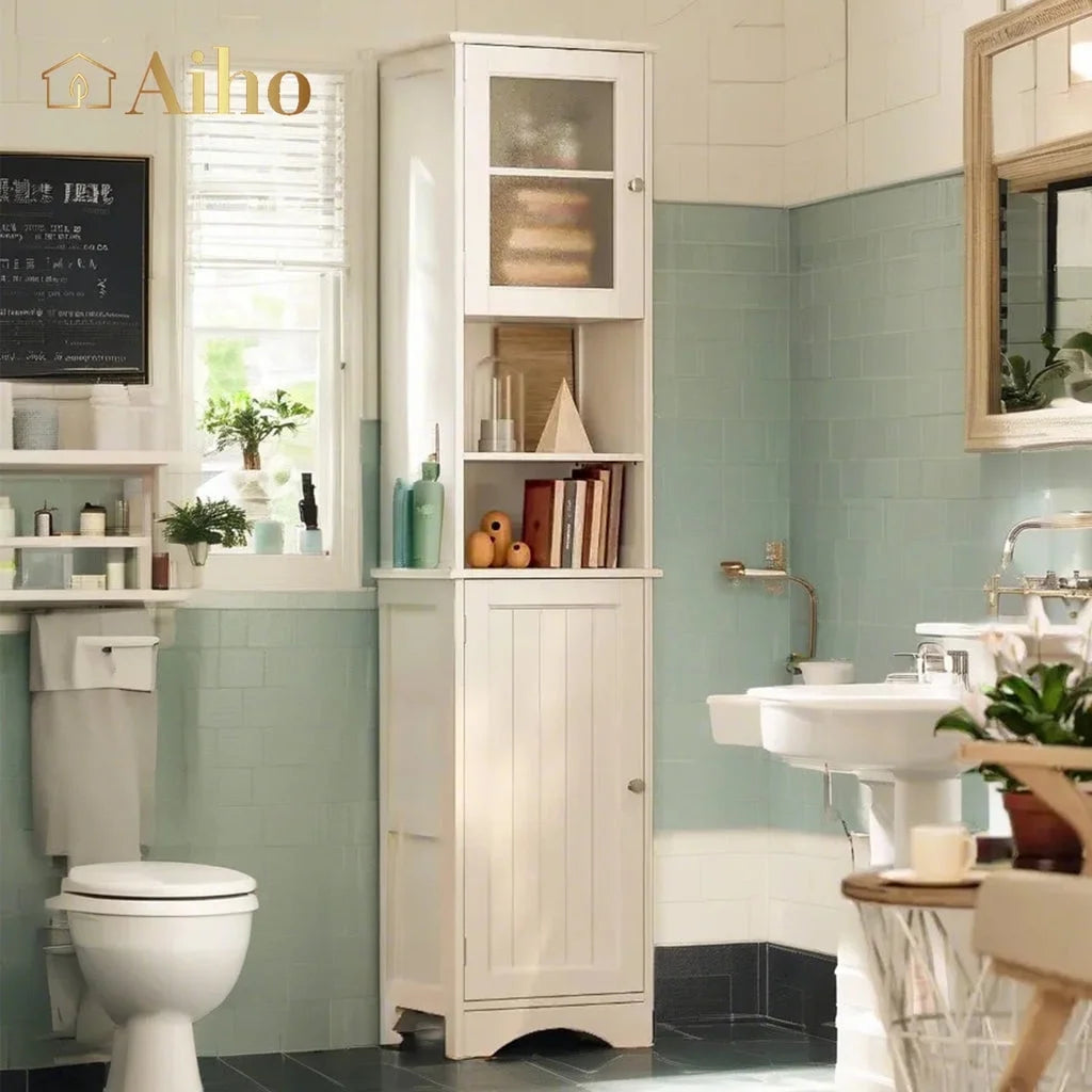 67.1 " Bathroom Storage Cabinet with Adjustable Shelves, Kitchen Pantry with Two-Way Doors for Bathroom and Kitchen, Freestanding - White