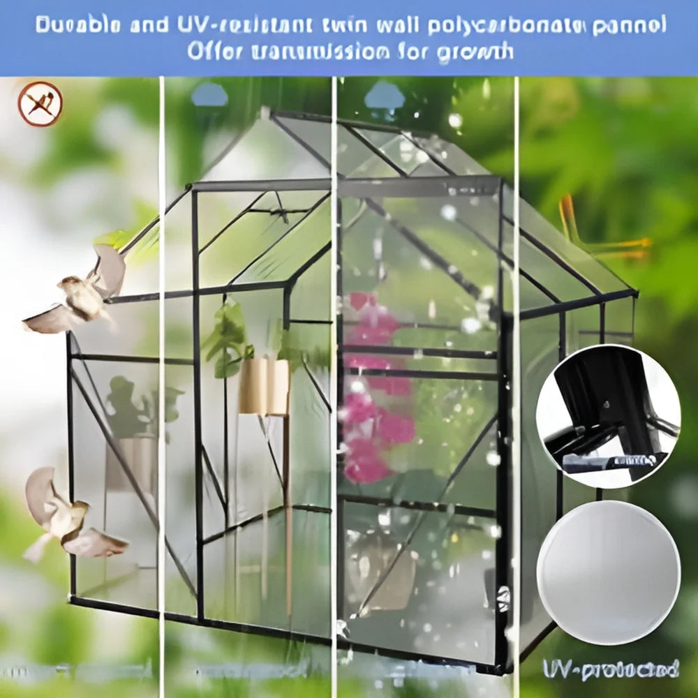 Walk in Greenhouse, Garden Greenhouse for Outdoors, Polycarbonate Plant Greenhouse with Slide Door, Anchor and Adjustable Roof Vent, 6X6Ft