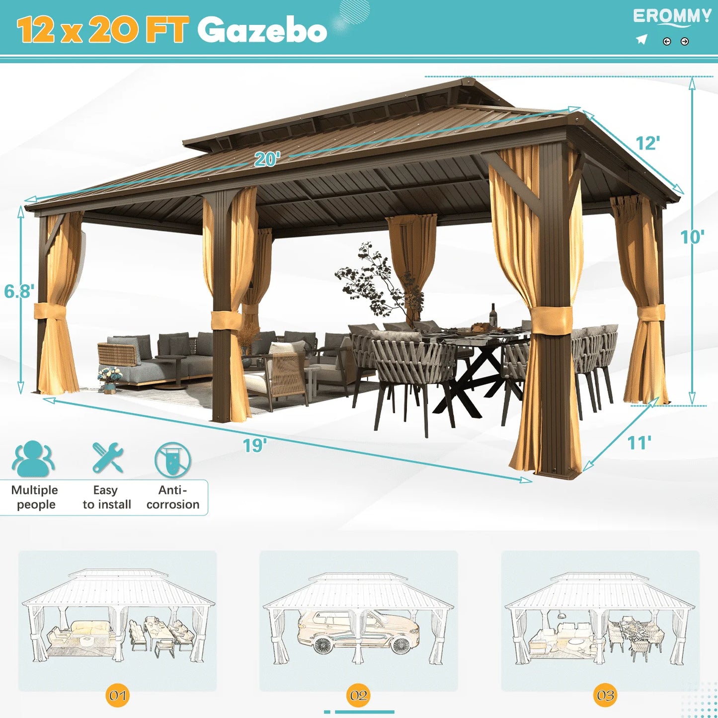 12'X20' Gazebo Hardtop, Galvanized Steel Double Roof Metal Gazebo with Aluminum Frame, Permanent Outdoor Pavilion with Curtain and Netting for Patio, Lawn and Garden