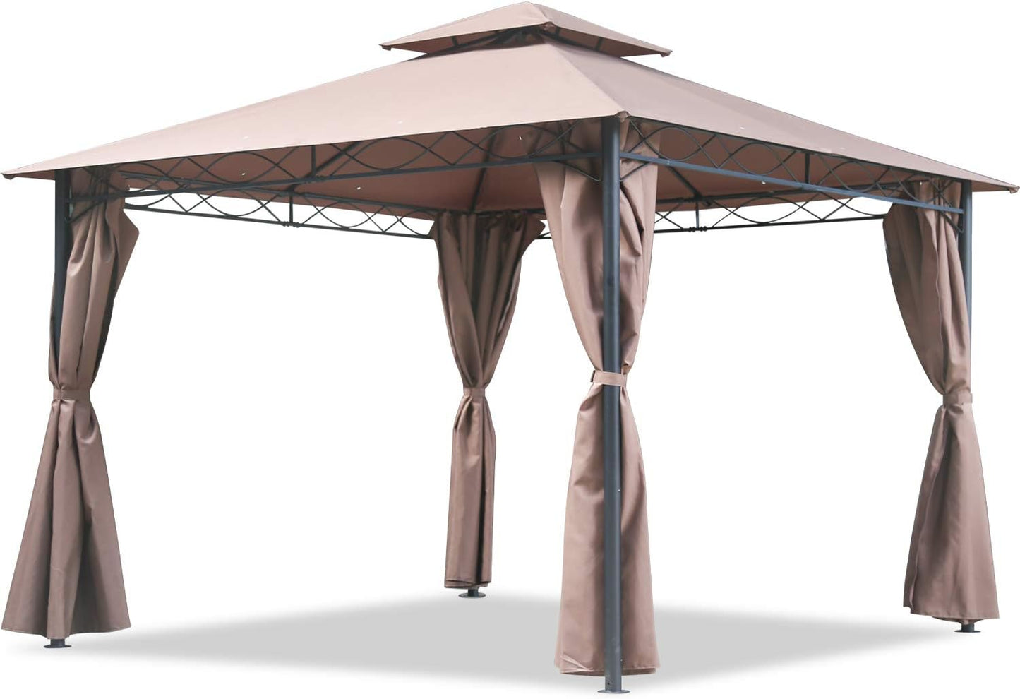 10'X13' Outdoor Patio Gazebo Heavy Duty Steel Frame Canopy with Double Roof, Privacy Curtains, for Garden, Backyard, and Lawn (Brown)
