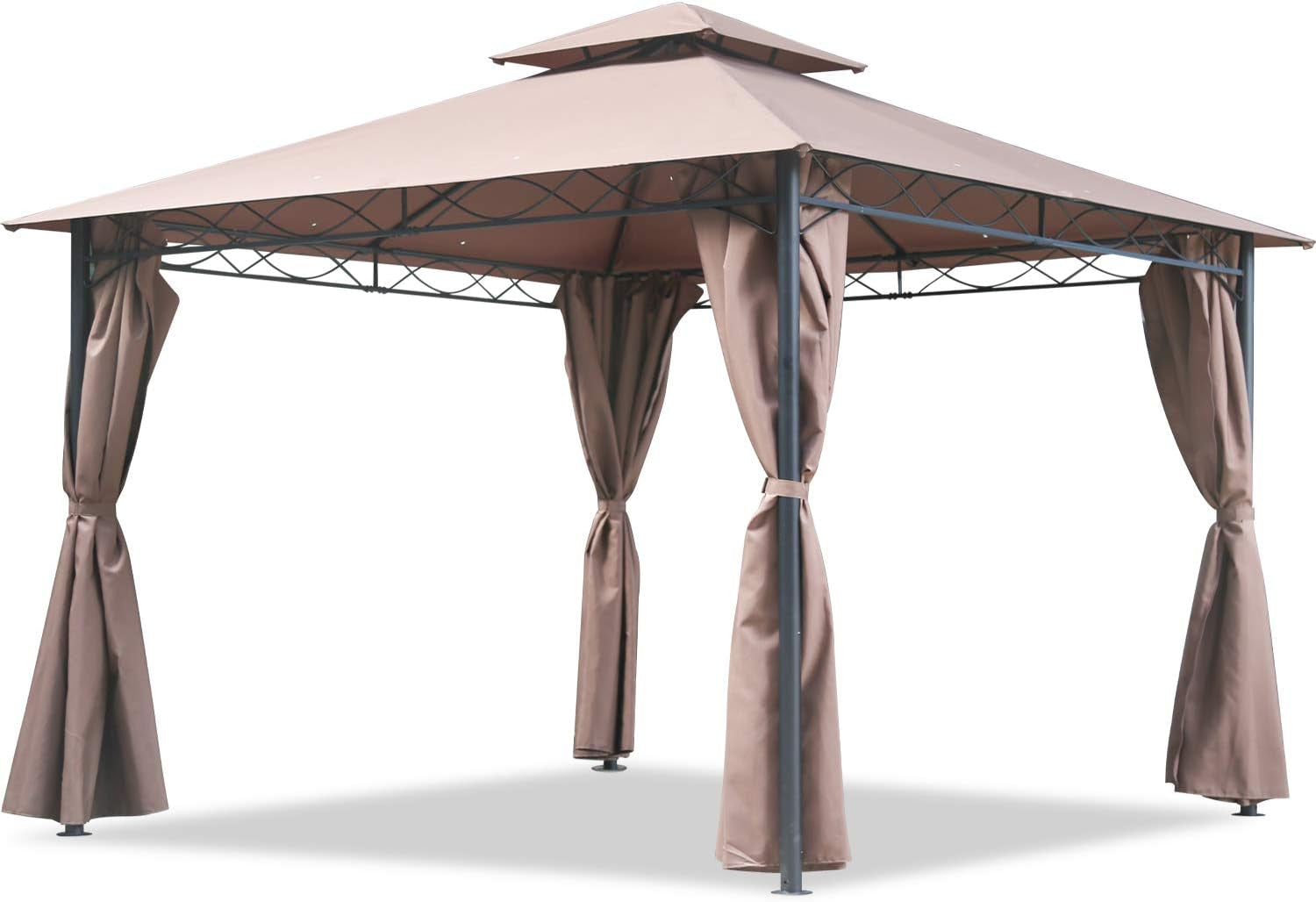 10'X13' Outdoor Patio Gazebo Heavy Duty Steel Frame Canopy with Double Roof, Privacy Curtains, for Garden, Backyard, and Lawn (Brown)