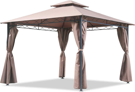 10'X13' Outdoor Patio Gazebo Heavy Duty Steel Frame Canopy with Double Roof, Privacy Curtains, for Garden, Backyard, and Lawn (Brown)