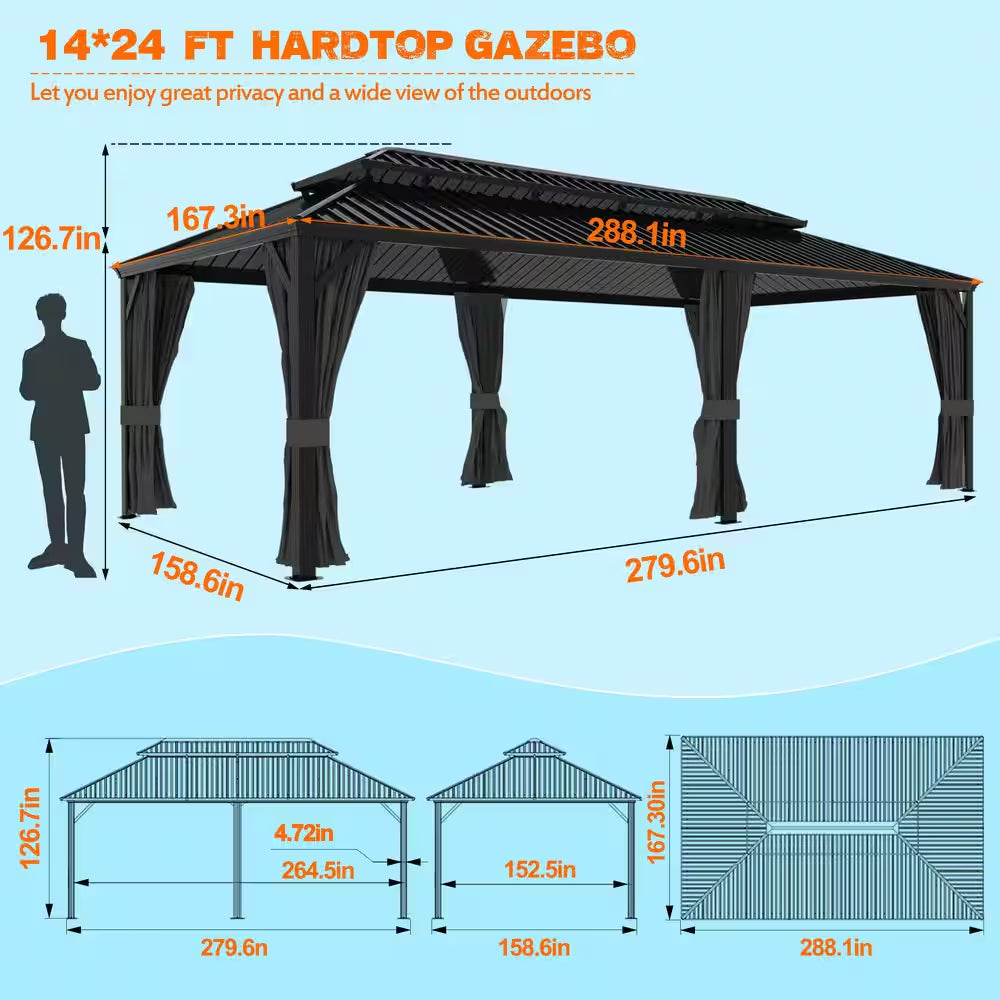 24 Ft. W X 14 Ft. D Hardtop Gazebo Aluminum Double Roof Metal Gazebo with Curtain and Netting