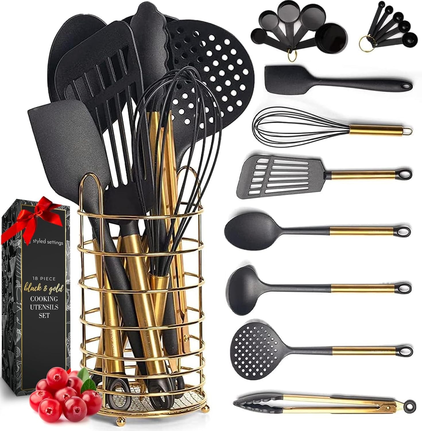 Black and Copper Cooking Utensils with Stainless Steel Copper Utensil Holder - 18-Piece Nylon Kitchen Utensils Set with Holder Includes Black & Copper Measuring Spoons, Black & Copper Measuring Cups