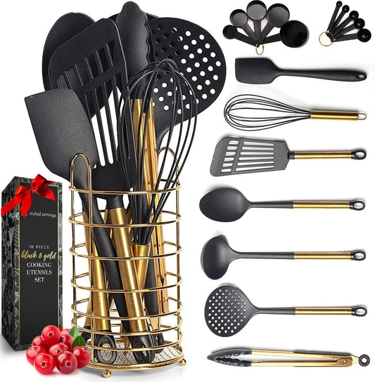 Black and Copper Cooking Utensils with Stainless Steel Copper Utensil Holder - 18-Piece Nylon Kitchen Utensils Set with Holder Includes Black & Copper Measuring Spoons, Black & Copper Measuring Cups
