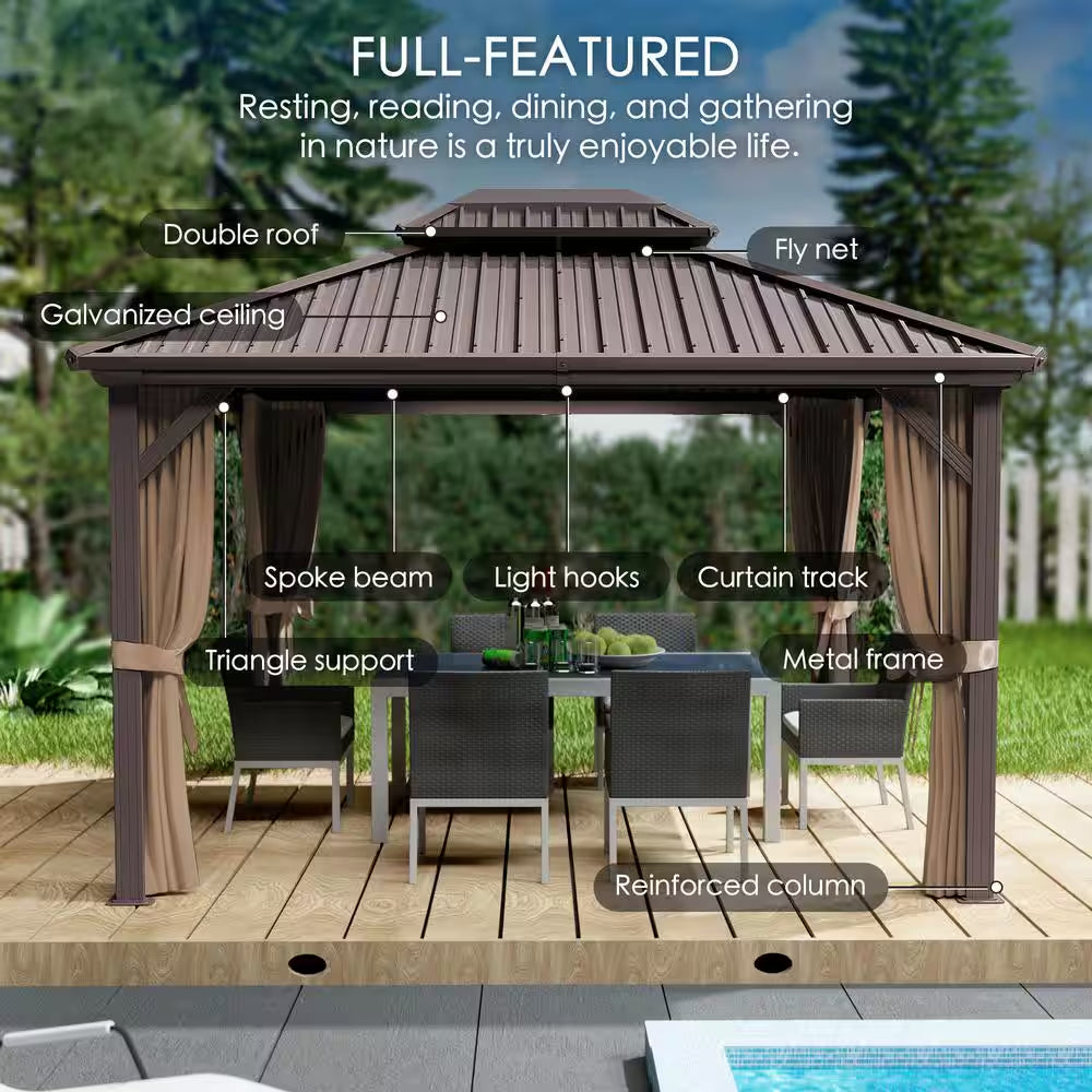 Caesar 10 Ft. D X 9 Ft. H X 12 Ft. W Aluminum Hardtop Gazebo with Galvanized Steel Roof, Mosquito Net & Privacy Curtain