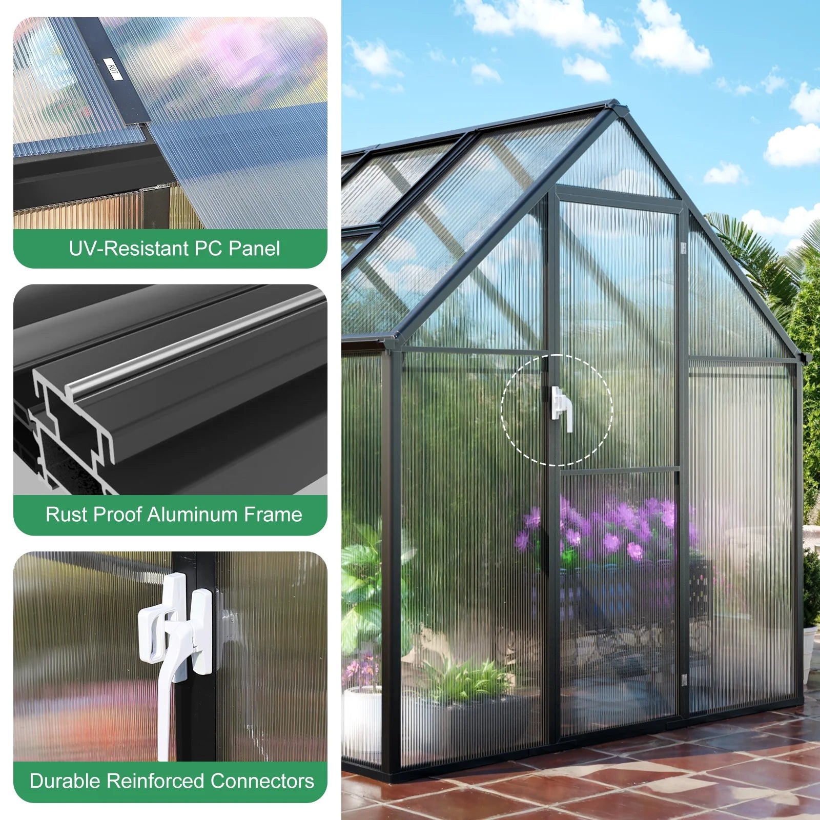 6'X8' Greenhouse for Outdoors,Upgraded Polycarbonate Greenhouse Aluminum Walk in Greenhouses W/Vent Window, Lockable Door & Reinforce Connector Heavy Duty Green House for Outdoor, Patio,