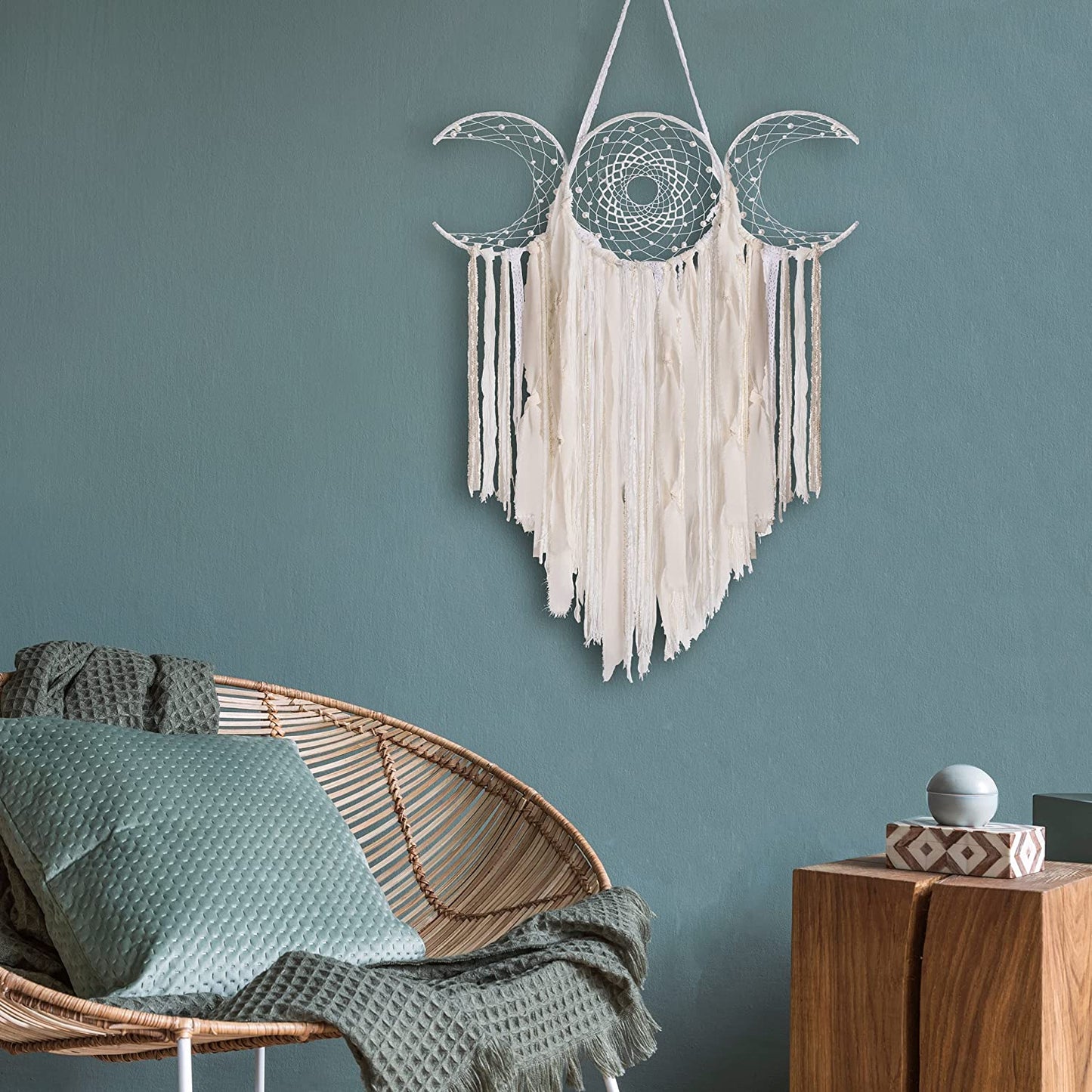 White Triple Moon Goddess Macrame Wall Hanging, Boho Crescent Dream Catcher, Bohemian Dreamcatcher for Women Bedroom, Woven Tapestry-Witchcraft Gift, Pagan Decor for Adults Decoration