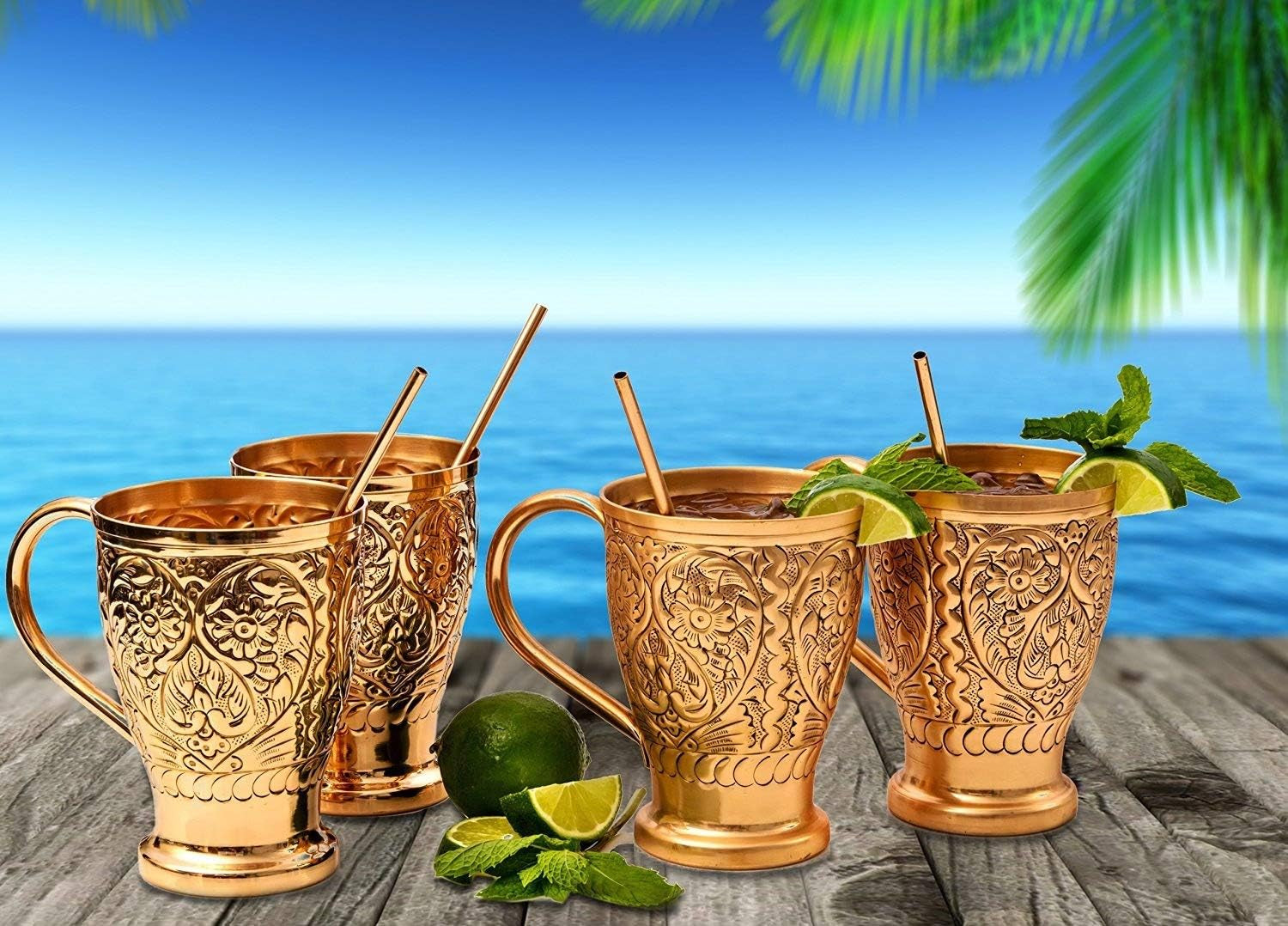 Moscow Mule Pure Copper Mugs - Embossed Set with 4 Matching Shot Glasses - Copper Straws for Cocktails & Recipe E-Book Exclusive Set of 4