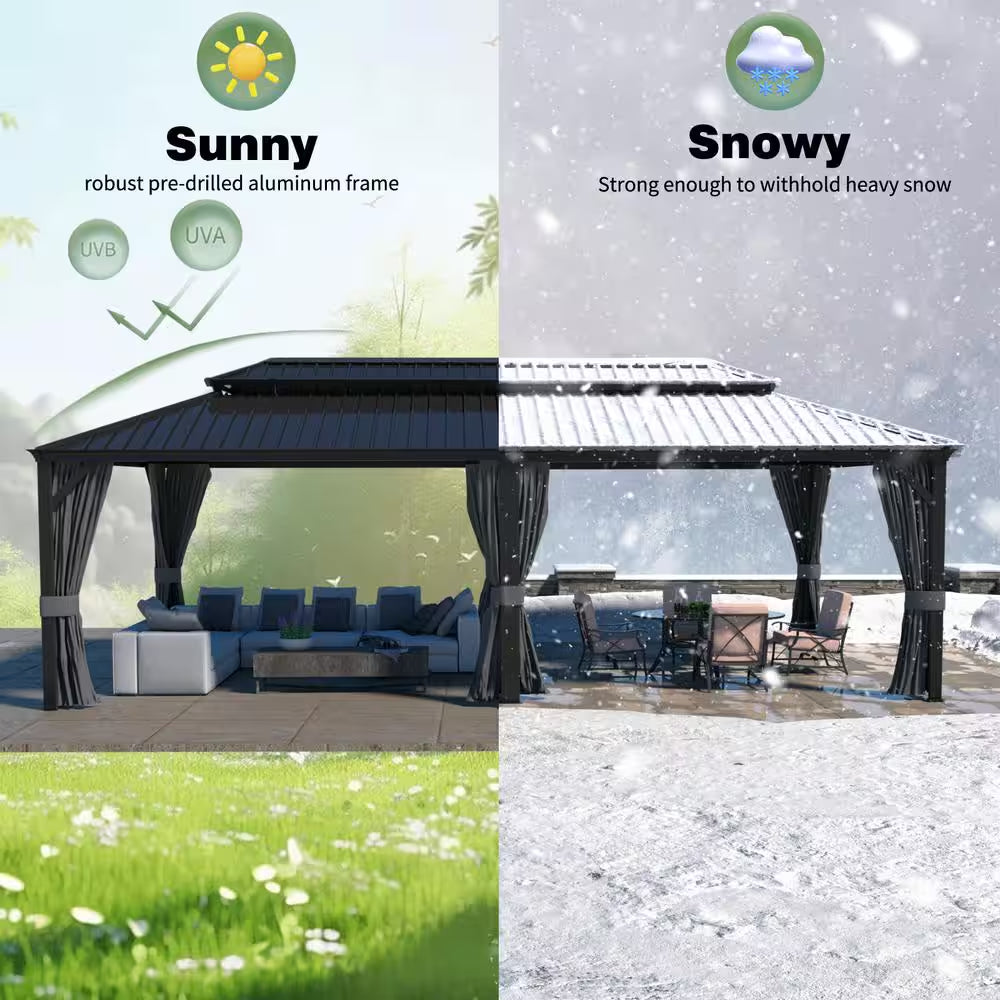 24 Ft. W X 14 Ft. D Hardtop Gazebo Aluminum Double Roof Metal Gazebo with Curtain and Netting